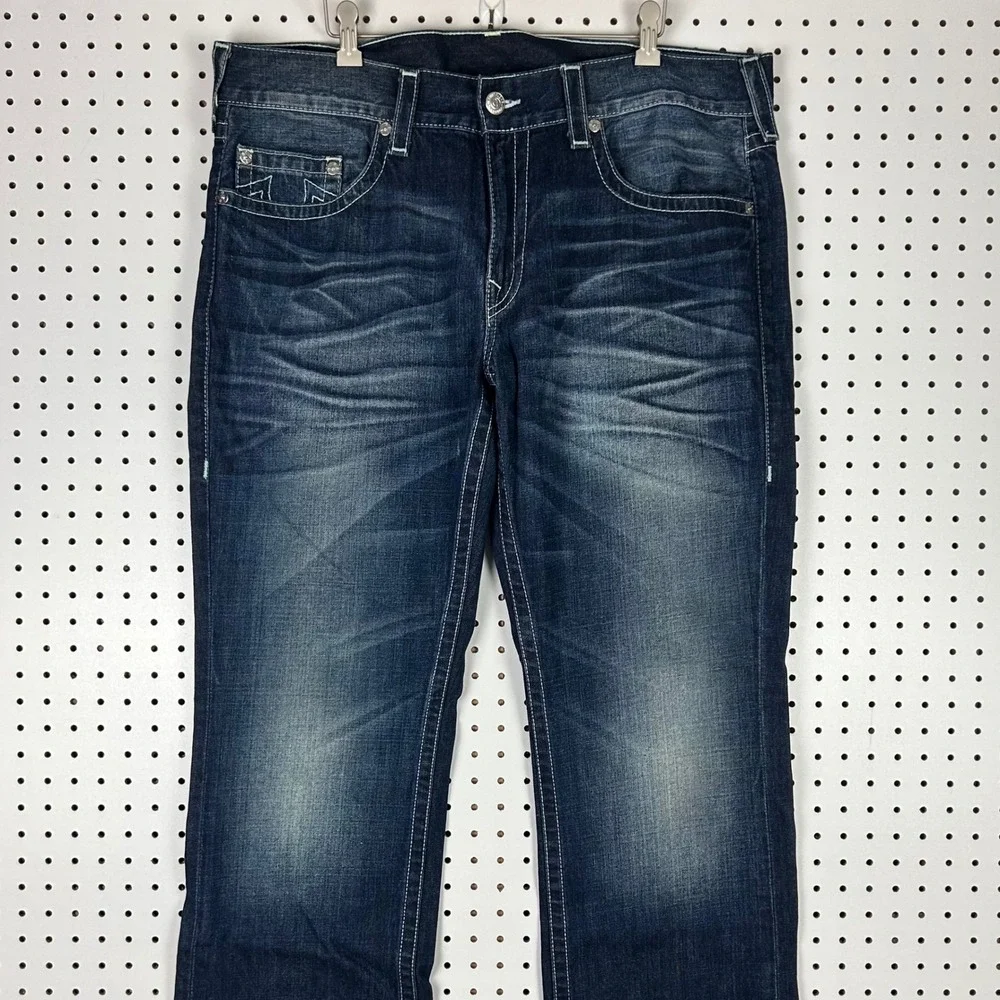 True Religion Straight Leg Jeans 38x32 Denim Wide Leg Dark Stitched Honeycomb